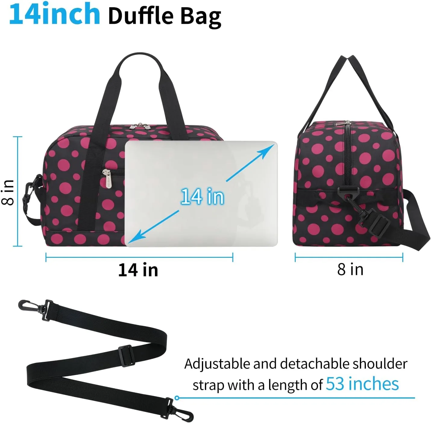 Small Gym Bag 14 inch lightweight Carry On Mini Duffel Bag for Travel Sport - Polka Dot Pink