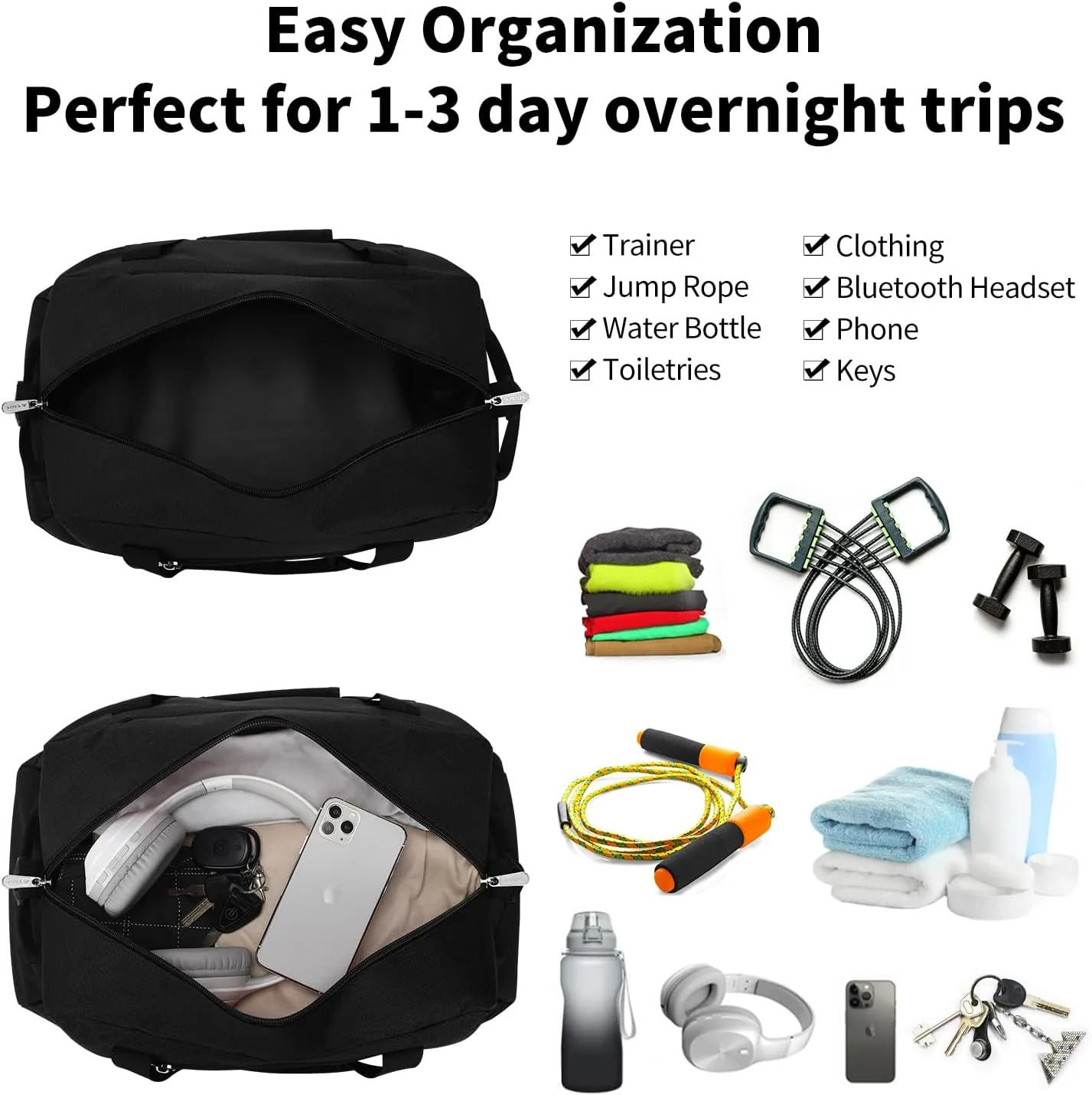 Small Gym Bag 19 inch Carry On Duffel Bag for Weekender Travel - Black