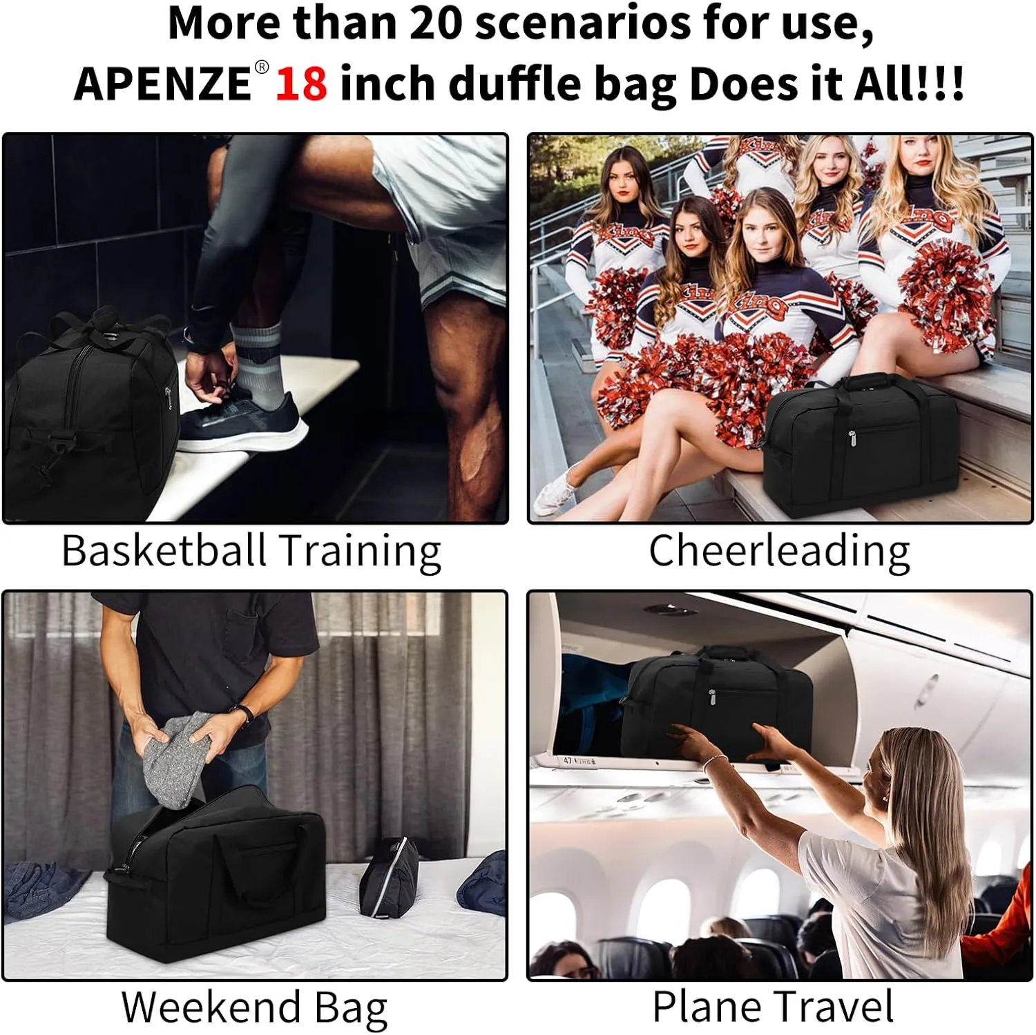 Small Gym Bag 19 inch Carry On Duffel Bag for Weekender Travel - Black