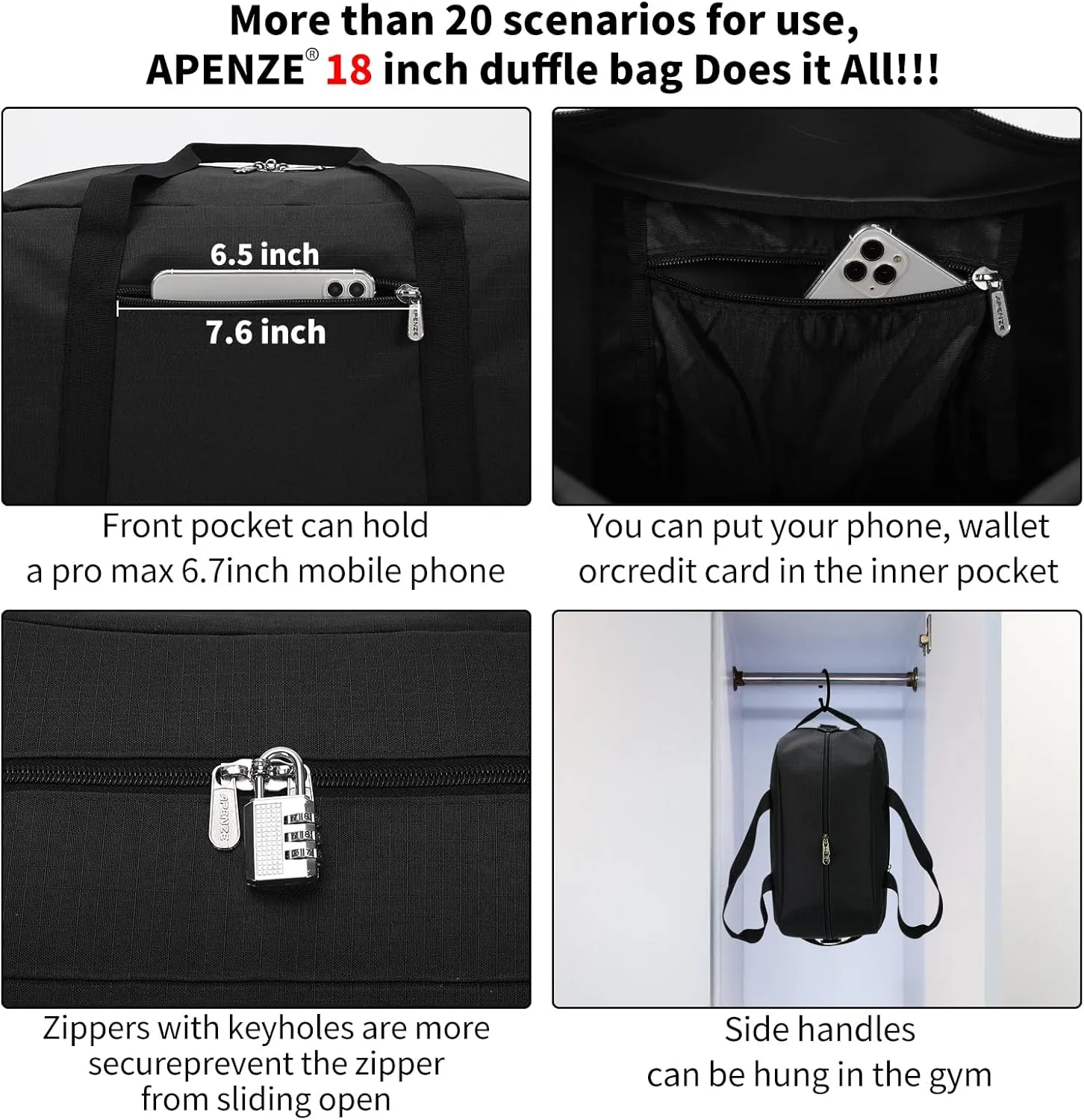 Small Gym Bag 19 inch Carry On Duffel Bag for Weekender Travel - Black