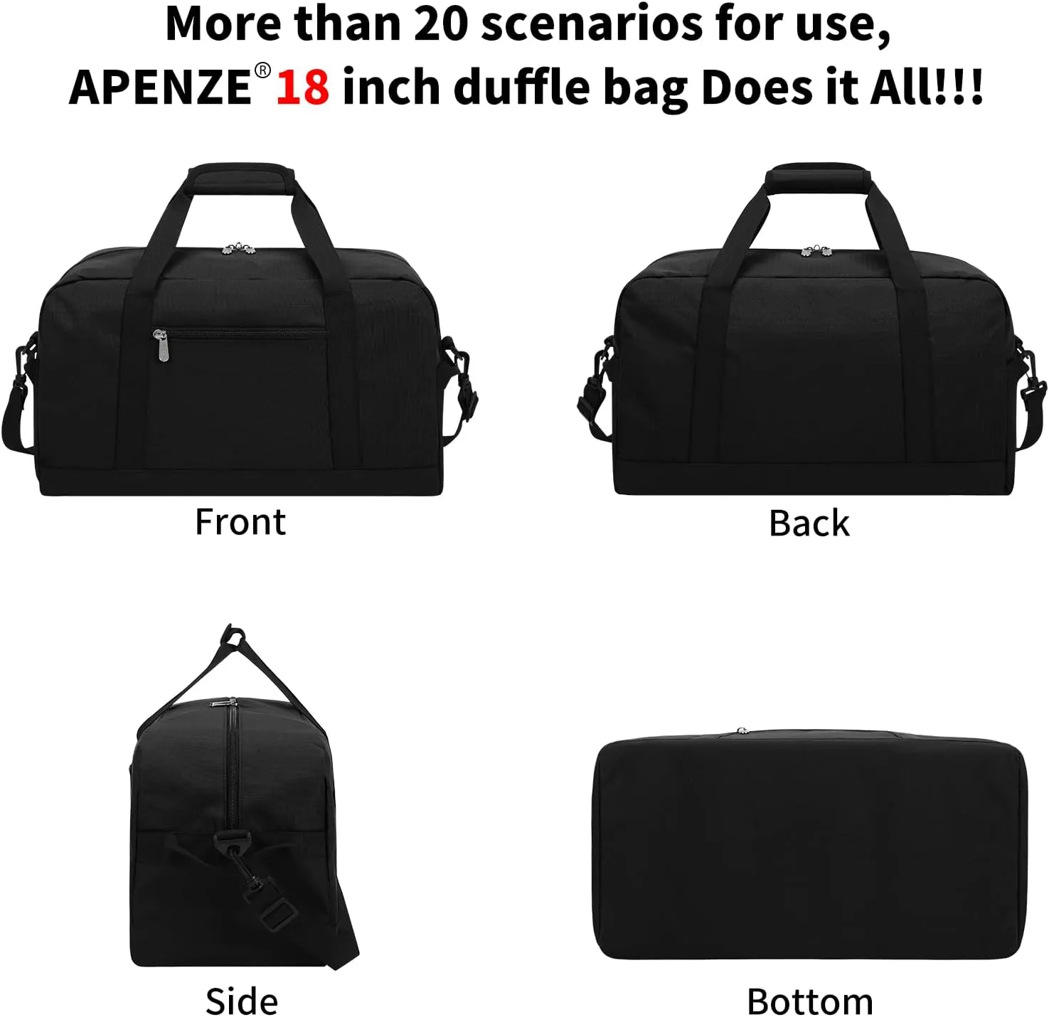 Small Gym Bag 19 inch Carry On Duffel Bag for Weekender Travel - Black
