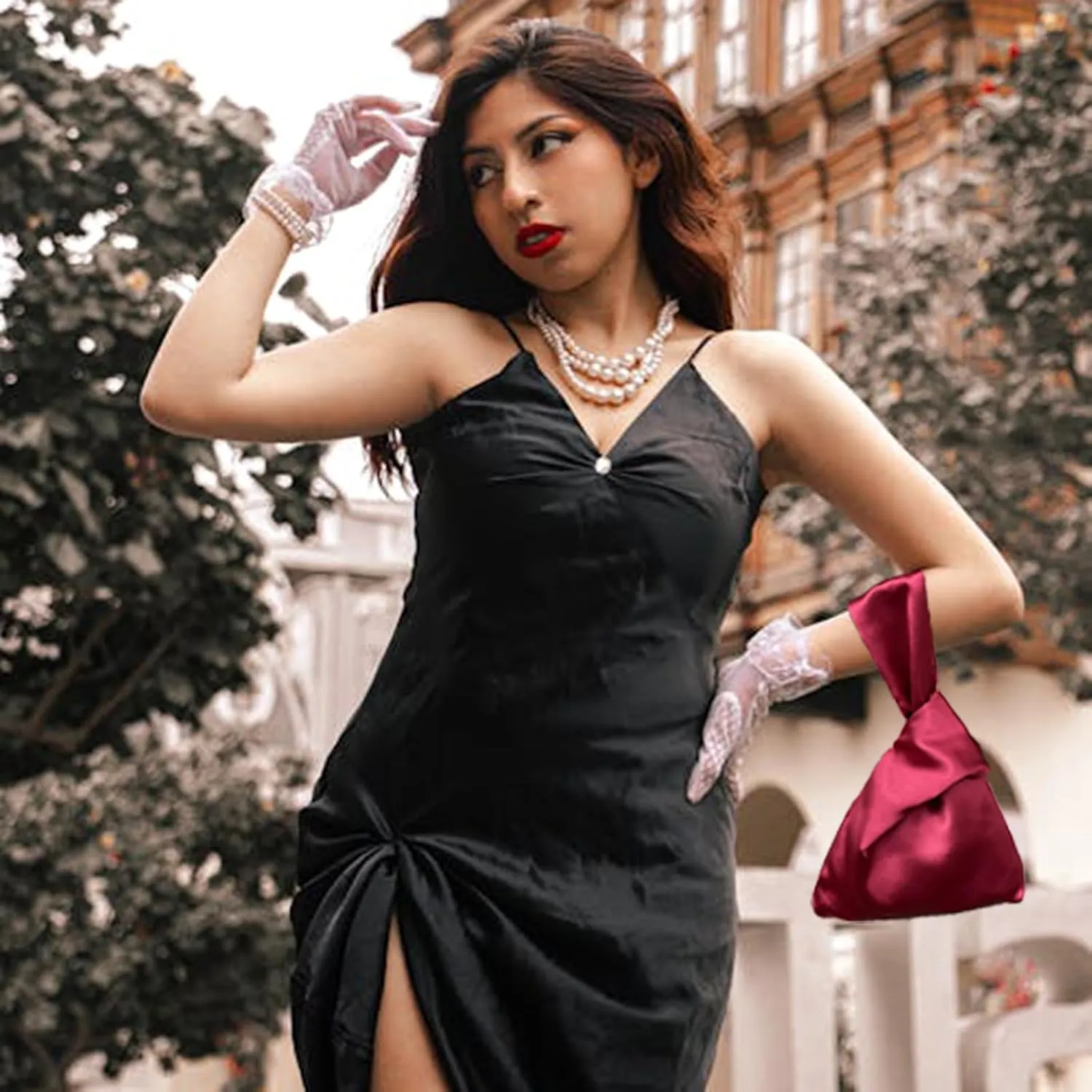 Small Satin Wrist Clutch Purse Bag Mini Knot Evening Handbag for Women