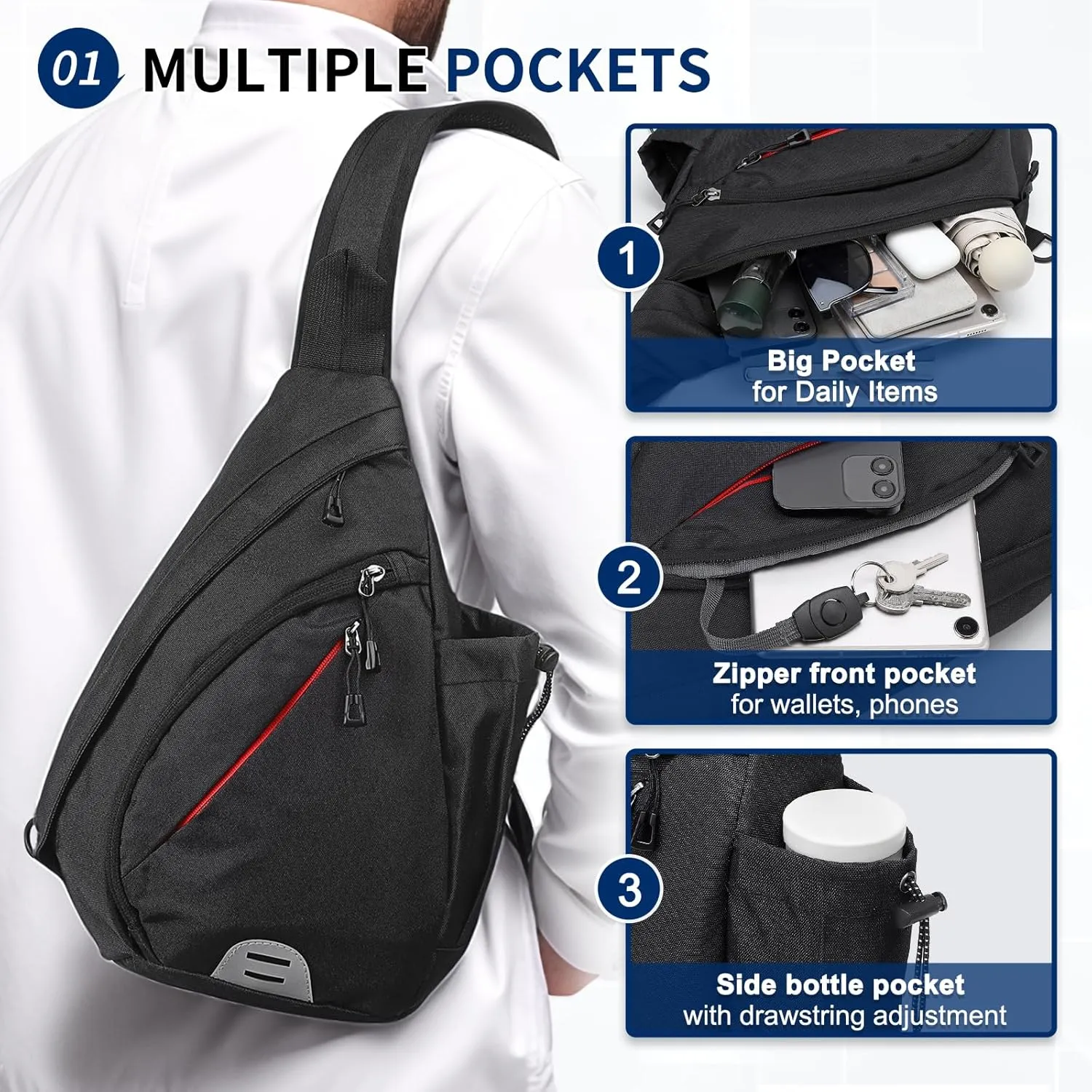 Small Sling Bag Crossbody Hiking Bag 9.36L Shoulder Bag with Headphone Jack, Man Women Crossbody Casual Backpack for Travel, Camping (Black)