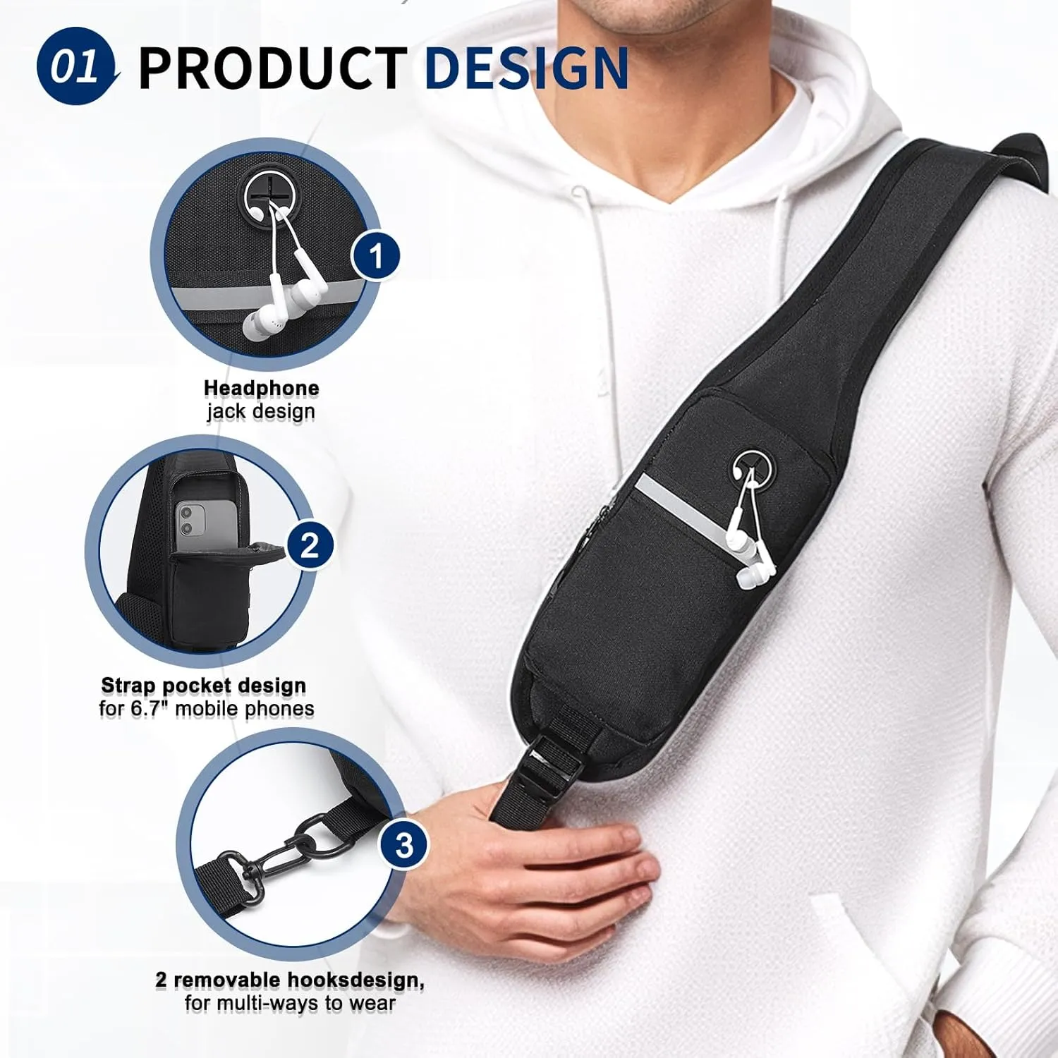Small Sling Bag Crossbody Hiking Bag 9.36L Shoulder Bag with Headphone Jack, Man Women Crossbody Casual Backpack for Travel, Camping (Black)
