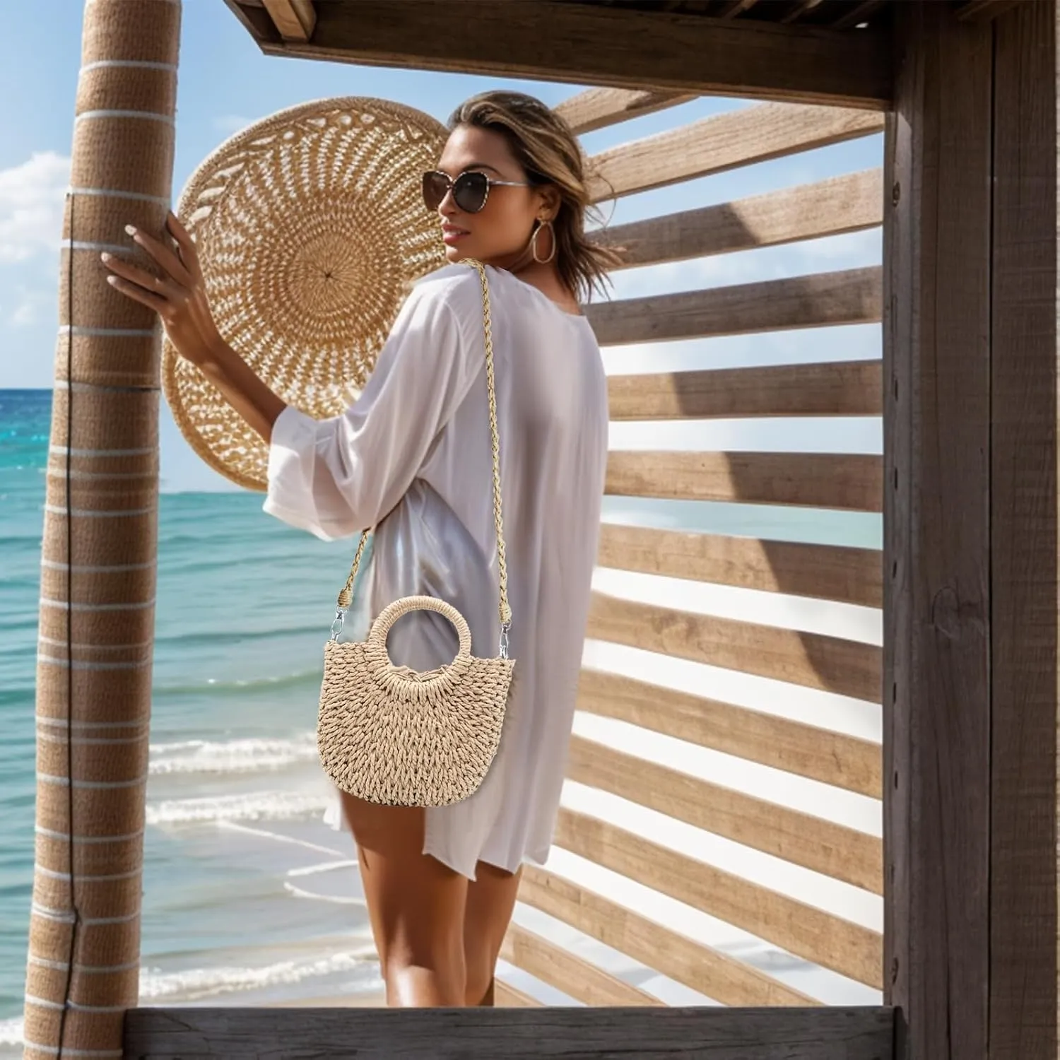 Small Straw Tote Bag for Women,Summer Beach Crossbody Shoulder Handbag,Hand-woven Rattan Clutch Purse for Vacation