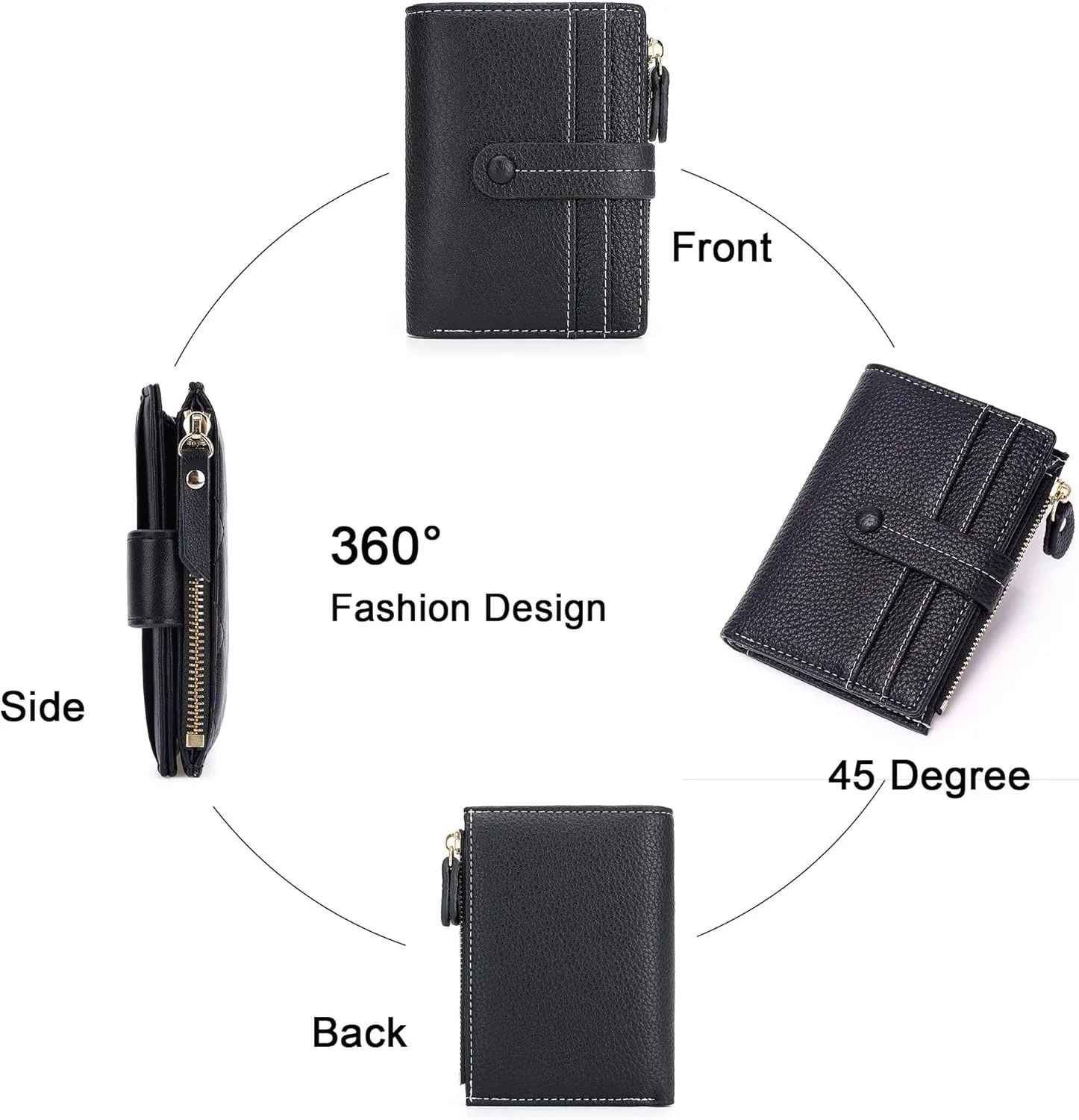 Small Wallet for Women,Leather Bifold Card Holder Ladies Wallets RFID Blocking Wallets Zipper Coin Pocket with ID Window Black
