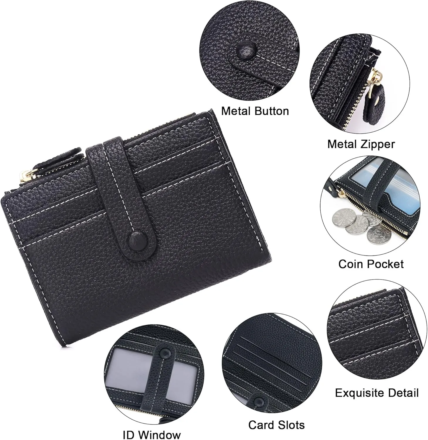 Small Wallet for Women,Leather Bifold Card Holder Ladies Wallets RFID Blocking Wallets Zipper Coin Pocket with ID Window Black