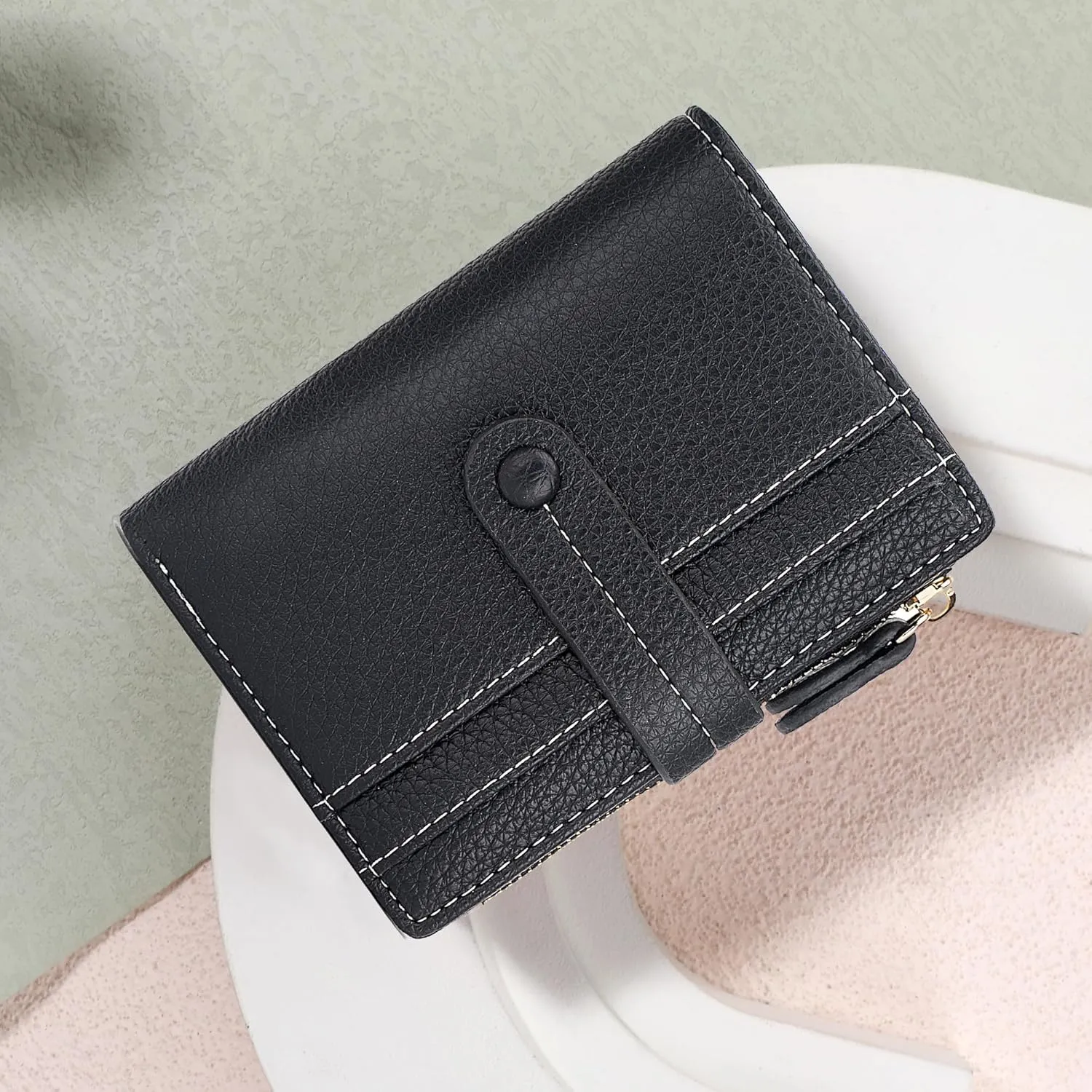 Small Wallet for Women,Leather Bifold Card Holder Ladies Wallets RFID Blocking Wallets Zipper Coin Pocket with ID Window Black