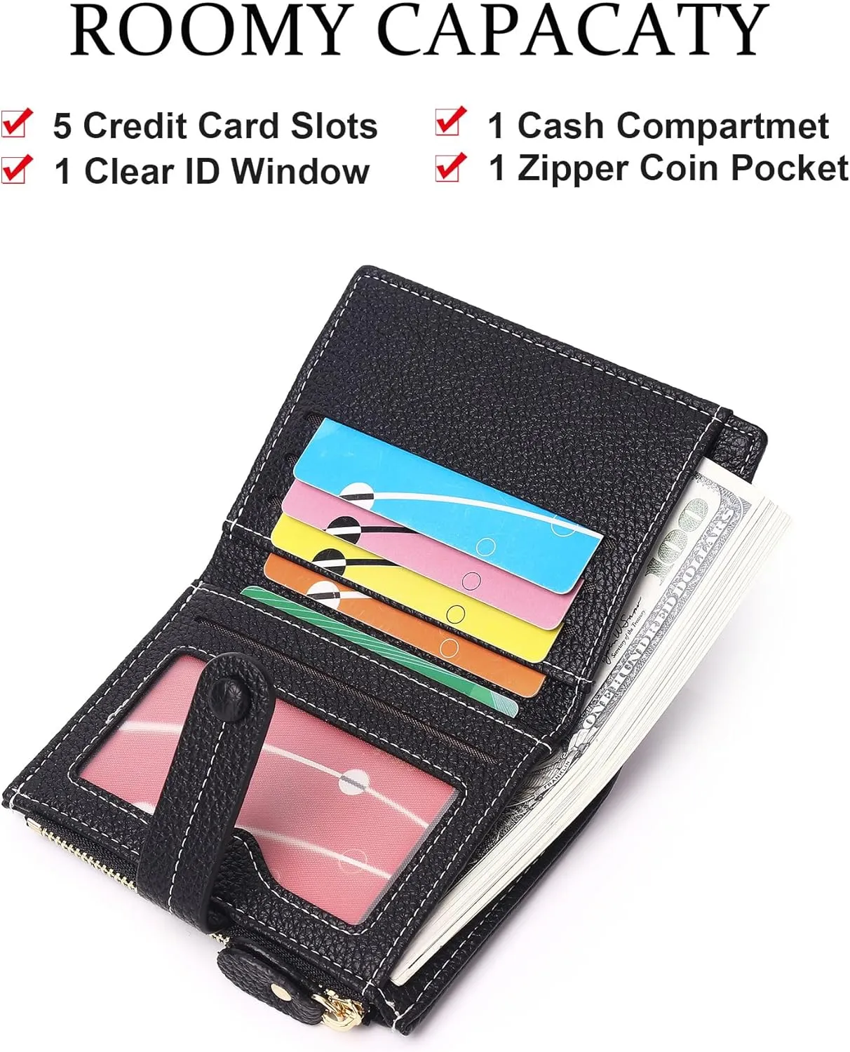 Small Wallet for Women,Leather Bifold Card Holder Ladies Wallets RFID Blocking Wallets Zipper Coin Pocket with ID Window Black