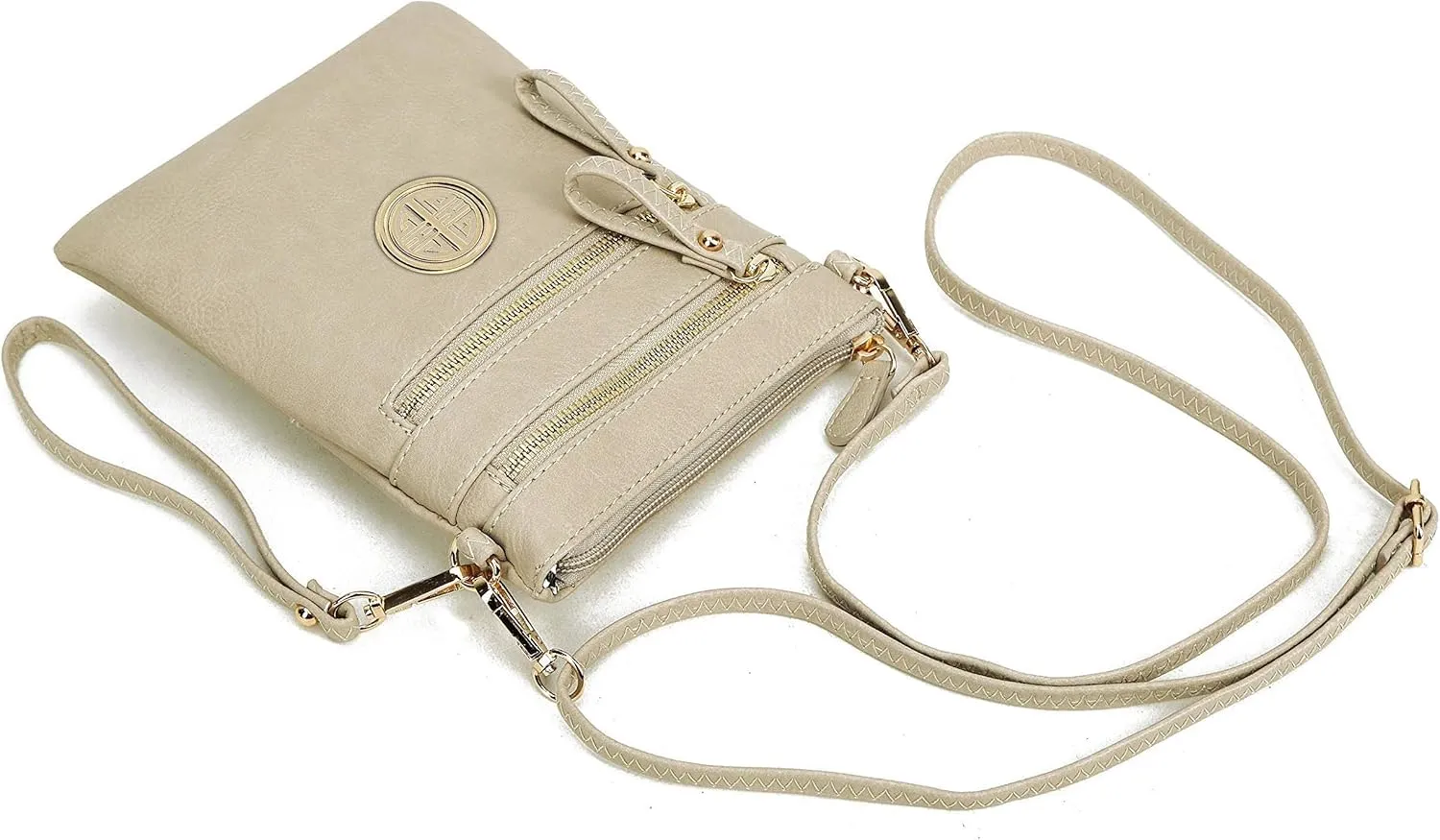 Solene Women's Faux Leather Organizer Multi Zipper Pockets With Detachable Wristlet Crossbody Bag