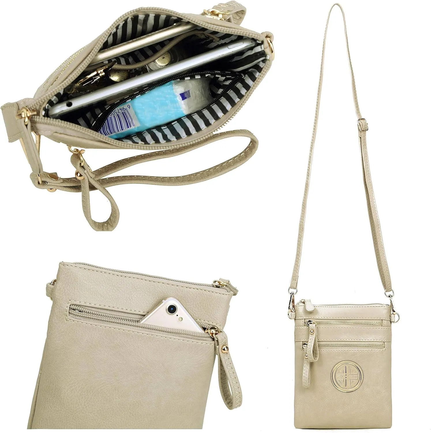 Solene Women's Faux Leather Organizer Multi Zipper Pockets With Detachable Wristlet Crossbody Bag