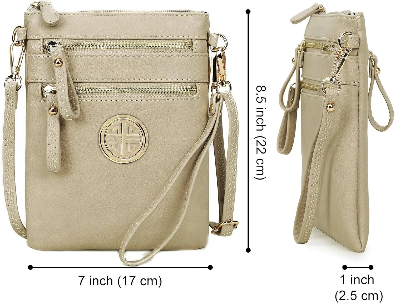 Solene Women's Faux Leather Organizer Multi Zipper Pockets With Detachable Wristlet Crossbody Bag