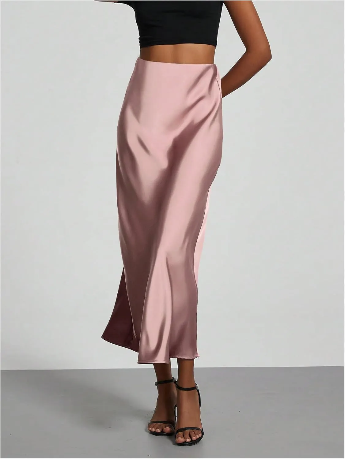 SOLY HUX Women's Elegant Satin Skirts High Waisted Flared Casual Work Office Fishtail Midi Skirt