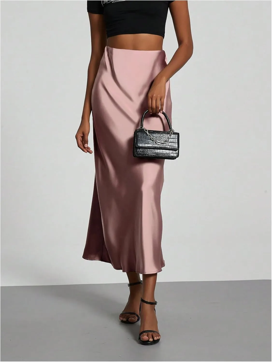SOLY HUX Women's Elegant Satin Skirts High Waisted Flared Casual Work Office Fishtail Midi Skirt