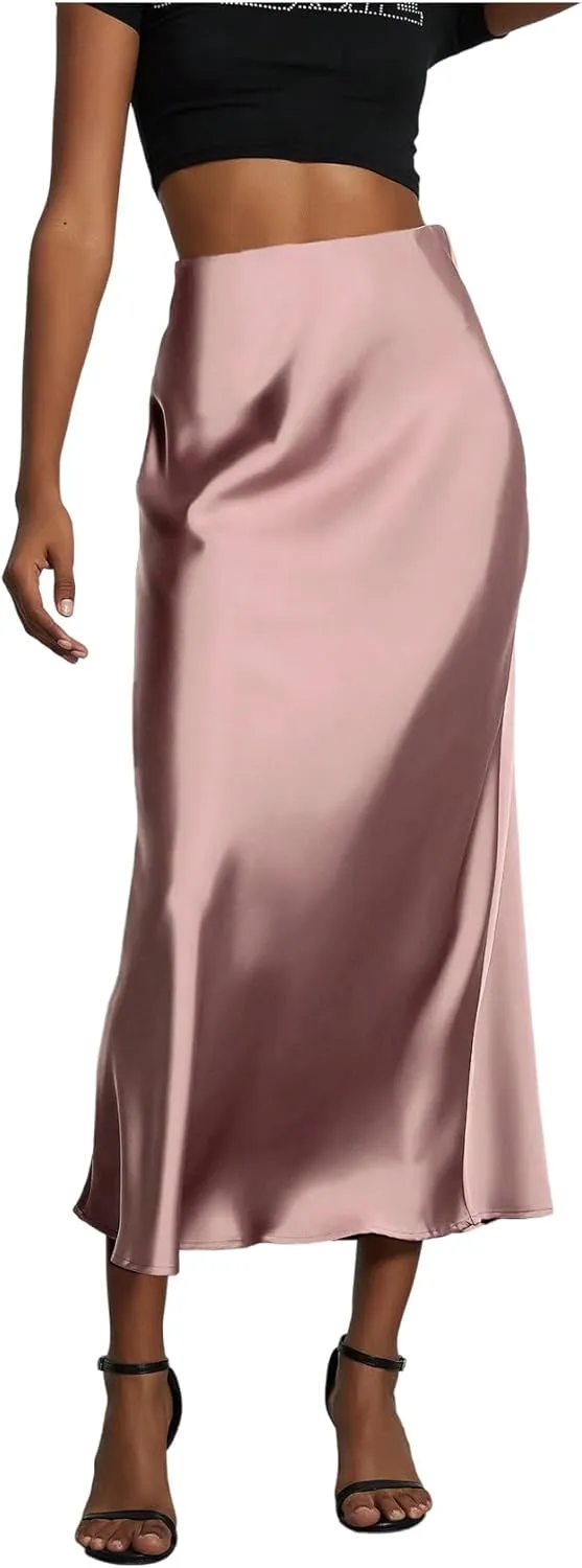 SOLY HUX Women's Elegant Satin Skirts High Waisted Flared Casual Work Office Fishtail Midi Skirt