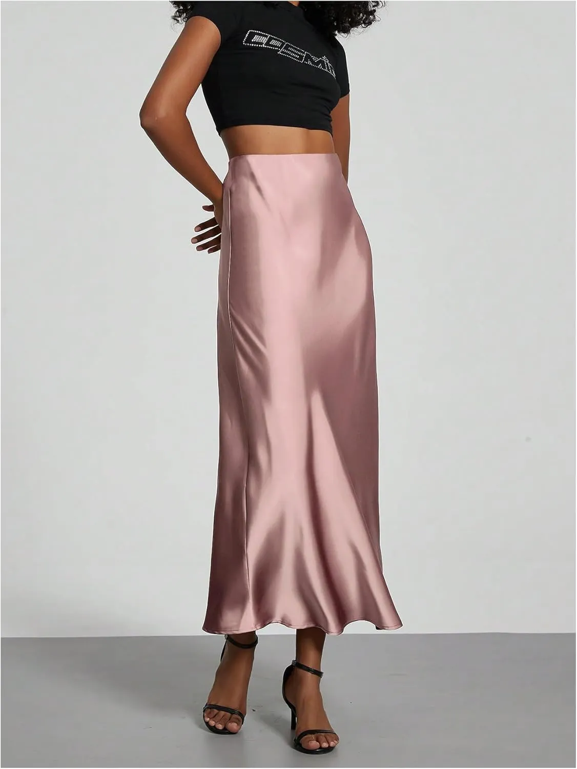 SOLY HUX Women's Elegant Satin Skirts High Waisted Flared Casual Work Office Fishtail Midi Skirt