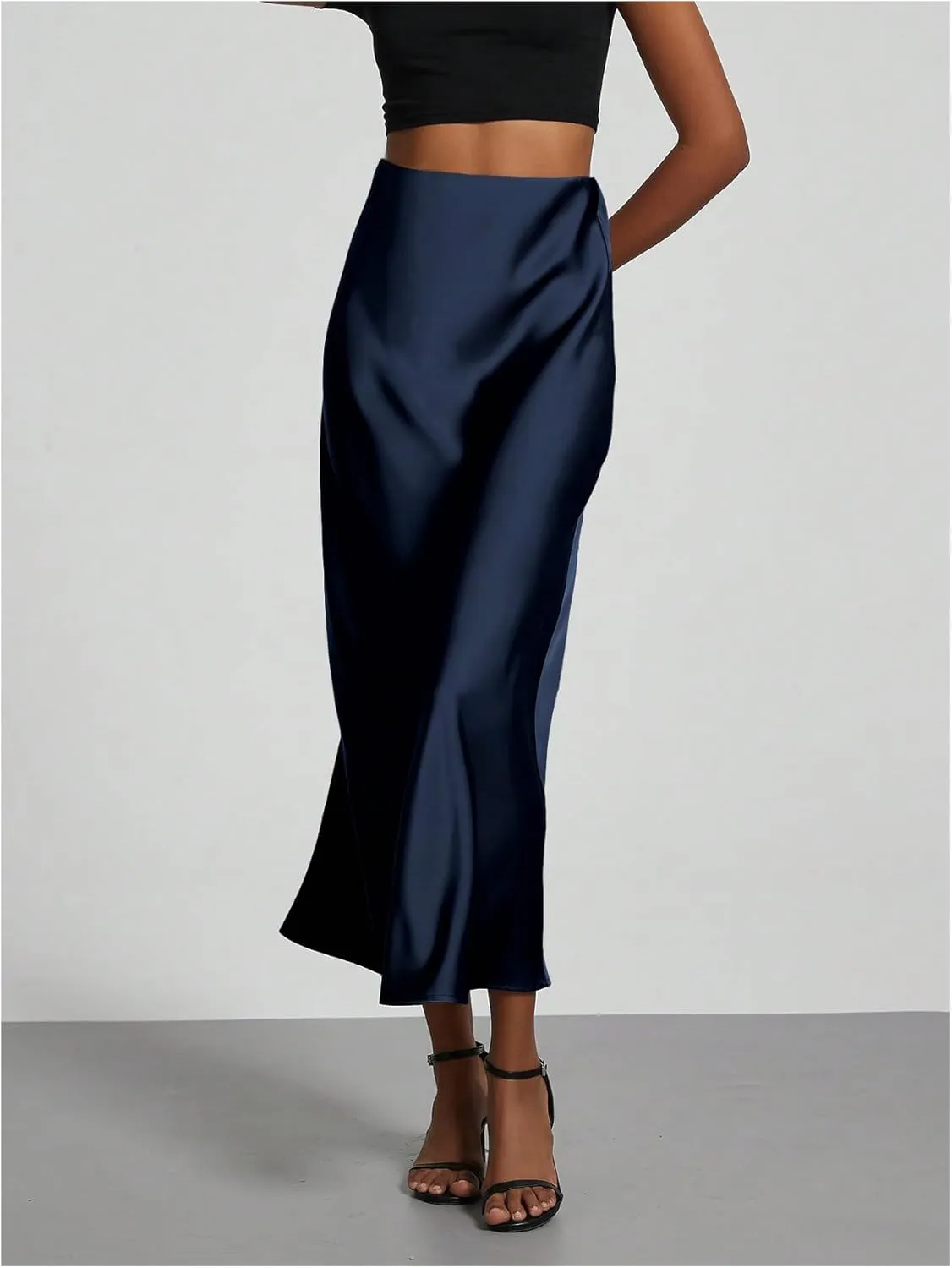 SOLY HUX Women's Elegant Satin Skirts High Waisted Flared Casual Work Office Fishtail Midi Skirt