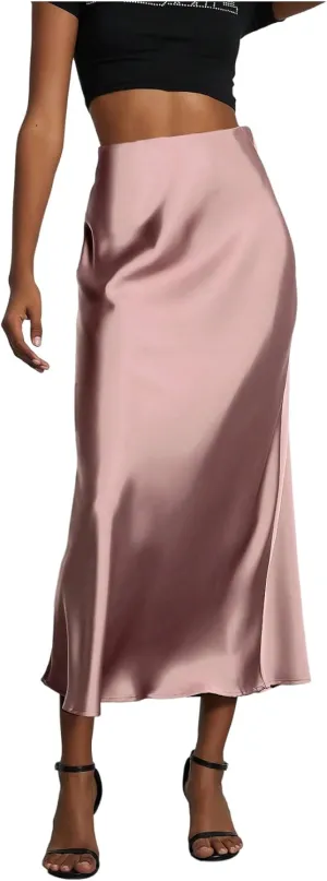 SOLY HUX Women's Elegant Satin Skirts High Waisted Flared Casual Work Office Fishtail Midi Skirt