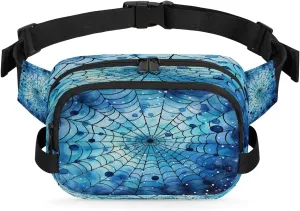 Spider Web Blue Polka Dots Fanny Pack for Men Women Running Hiking Waist Bag Small Crossbody Belt Hip Bag Purse for Travel Cycling Waist Pack with Adjustable Strap