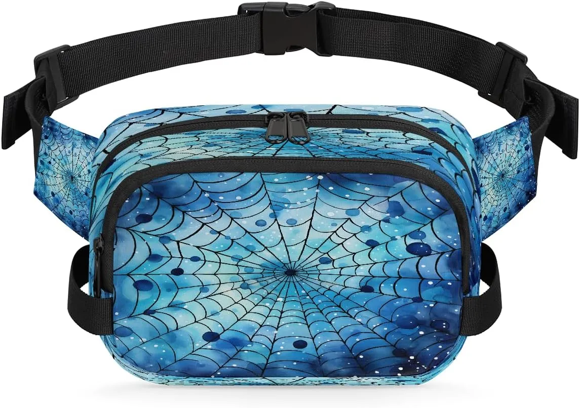 Spider Web Blue Polka Dots Fanny Pack for Men Women Running Hiking Waist Bag Small Crossbody Belt Hip Bag Purse for Travel Cycling Waist Pack with Adjustable Strap