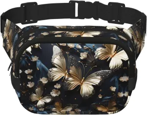 Square Double Layer Waist Bag - Crossbody Bag/Adjustable Strap Chest,for Travel Workout Running print Gold White Butterflies Black