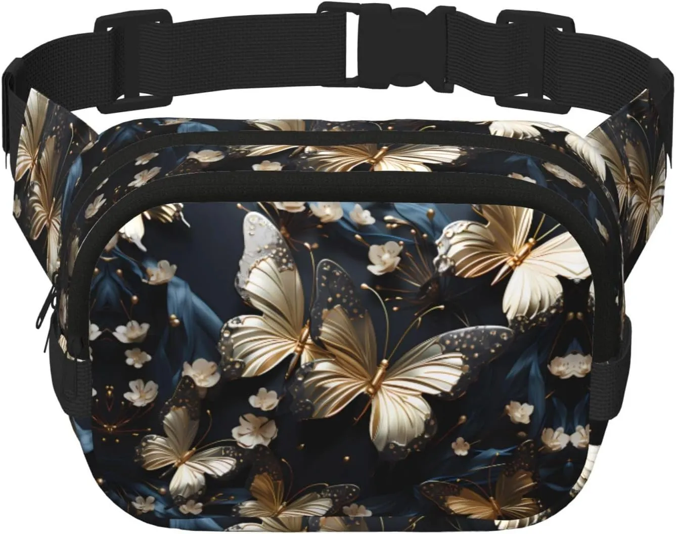 Square Double Layer Waist Bag - Crossbody Bag/Adjustable Strap Chest,for Travel Workout Running print Gold White Butterflies Black
