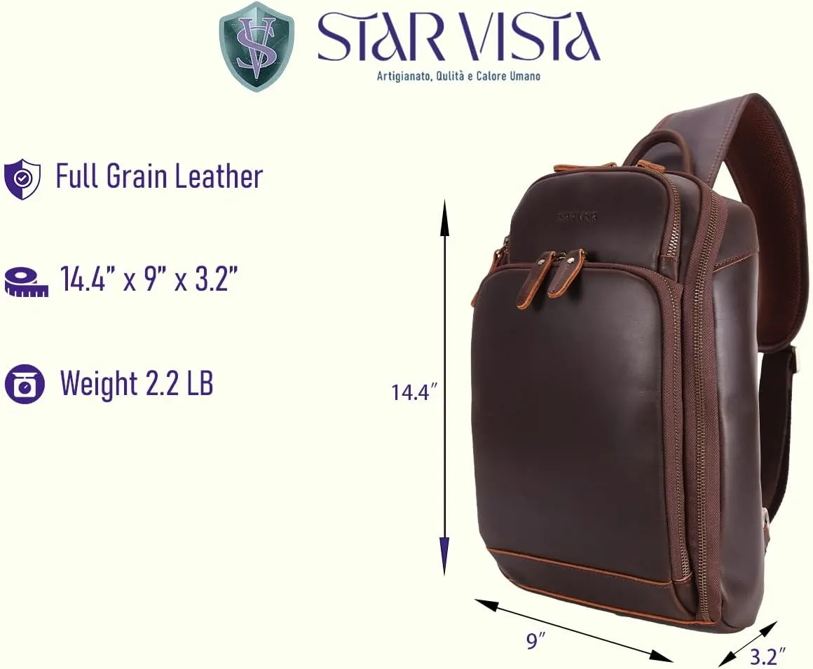 STAR VISTA Caracalla Full Grain Leather Sling Bag, Crossbody Chest Bag, Minimalist Design, Casual Daypack, YKK Zippers (Medium (12.9" Tablet))