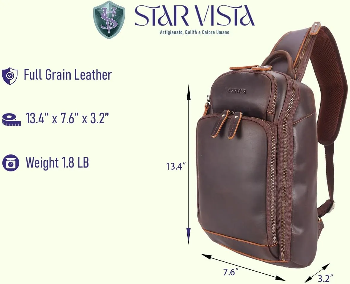 STAR VISTA Caracalla Full Grain Leather Sling Bag, Crossbody Chest Bag, Minimalist Design, Casual Daypack, YKK Zippers (Small (11" Tablet))