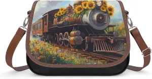 Steam Train with Sunflowers Crossbody Bags for Women Shoulder Bag Flap Handbags Leather Cross Body Purse