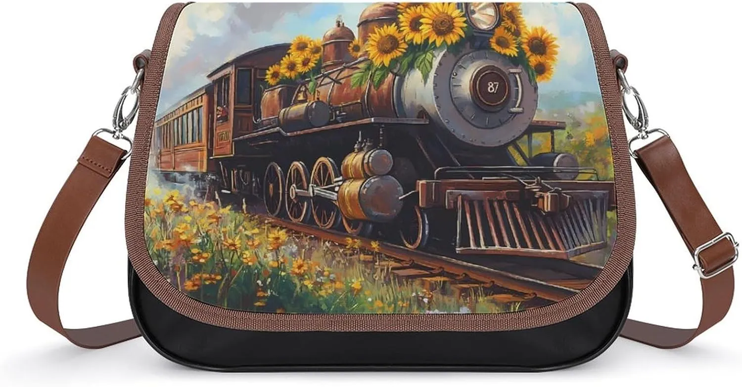 Steam Train with Sunflowers Crossbody Bags for Women Shoulder Bag Flap Handbags Leather Cross Body Purse