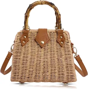 Straw Bag, Crossbody Bags for Women, Bohemian Handmade Woven Bag, Bamboo Handle Handbag Hard Box Handbags, Parties, Vacations Beach Bag(Khaki)