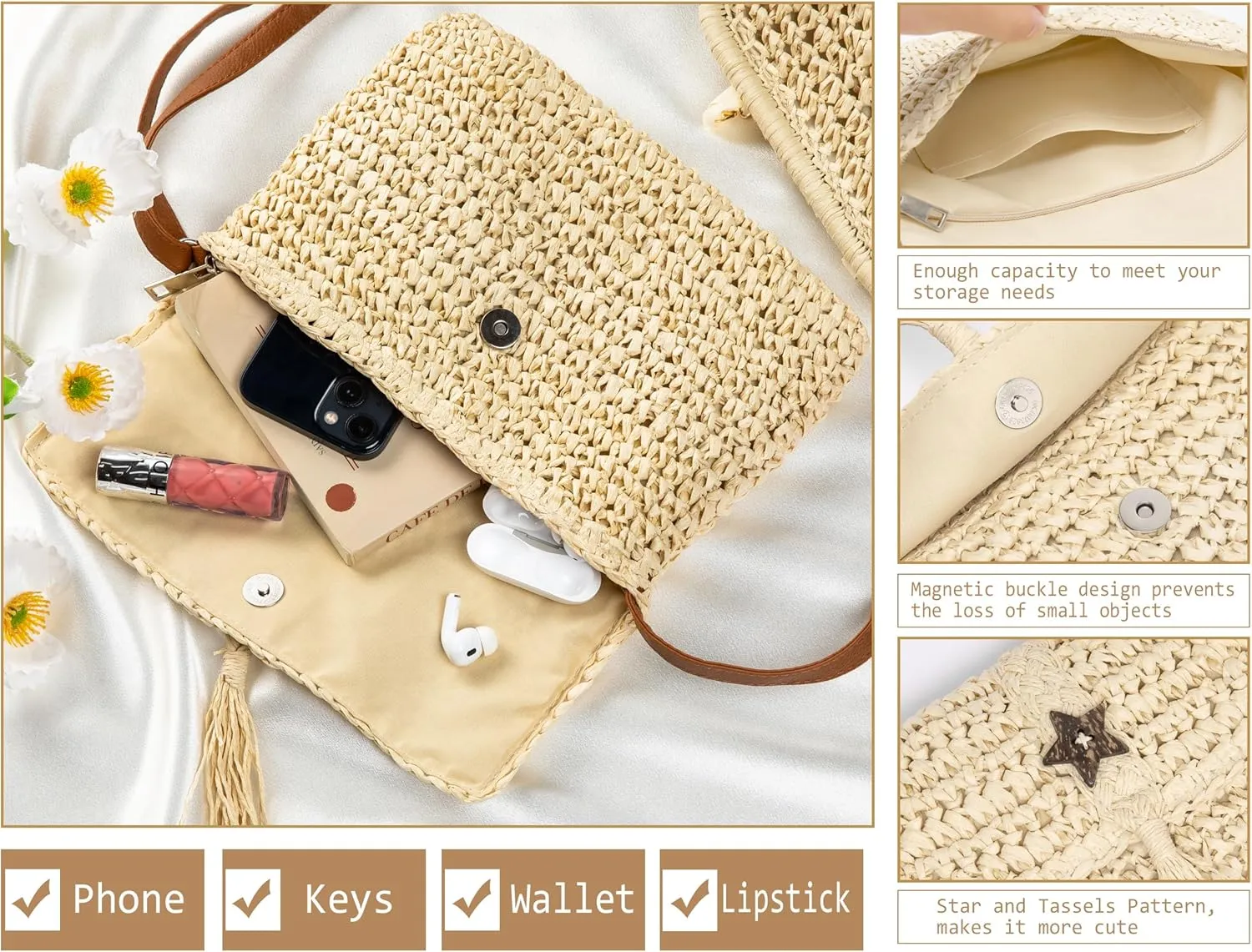Straw Bag for Women Straw Clutch Purse Summer Beach Bag Woven Shoulder Crossbody Bag