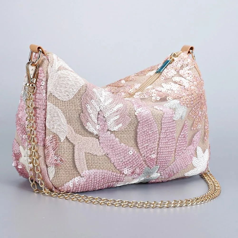 Straw Beach Bag for Women Chic Mesh Chain Purse Summer Sequin Floral Shoulder Crossbody Bag Small Multi Color Purse 2025