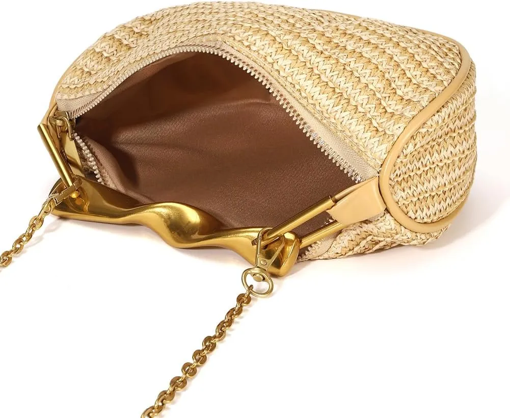 Straw Clutch Bag for Women Mini Summer Satchel Purse Fashion Woven Crossbody Shoulder Handbags with Chain Strap