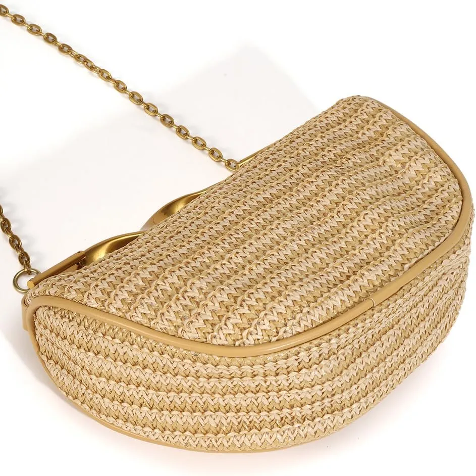 Straw Clutch Bag for Women Mini Summer Satchel Purse Fashion Woven Crossbody Shoulder Handbags with Chain Strap