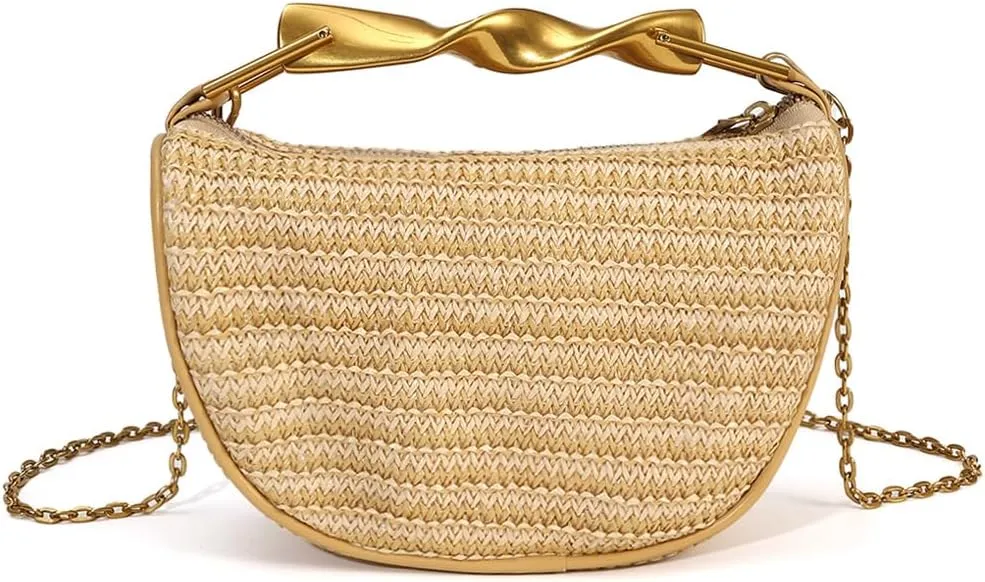 Straw Clutch Bag for Women Mini Summer Satchel Purse Fashion Woven Crossbody Shoulder Handbags with Chain Strap