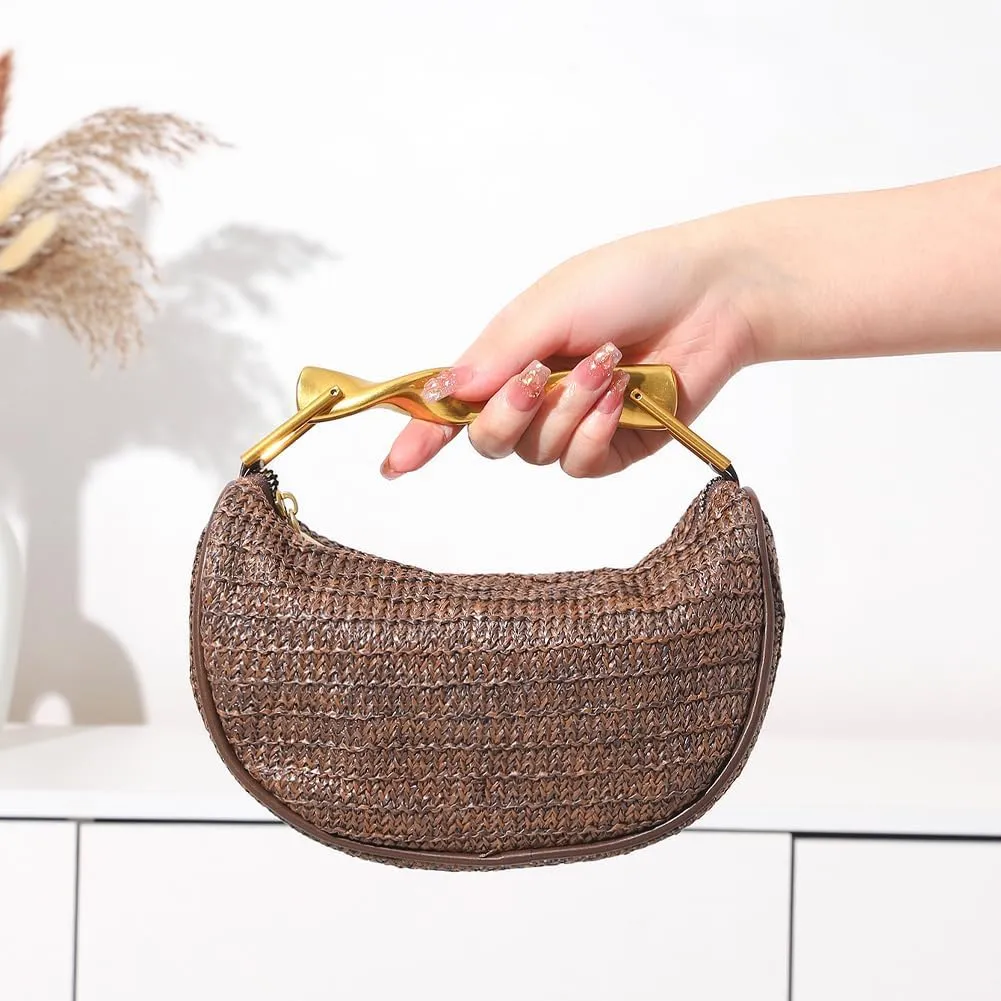 Straw Clutch Bag for Women Mini Summer Satchel Purse Fashion Woven Crossbody Shoulder Handbags with Chain Strap