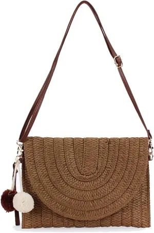 Straw Clutch Handbag Summer Beach Straw Purse for Women Woven Envelope Shoulder Bag Beach Crossbody Wallet PomPom