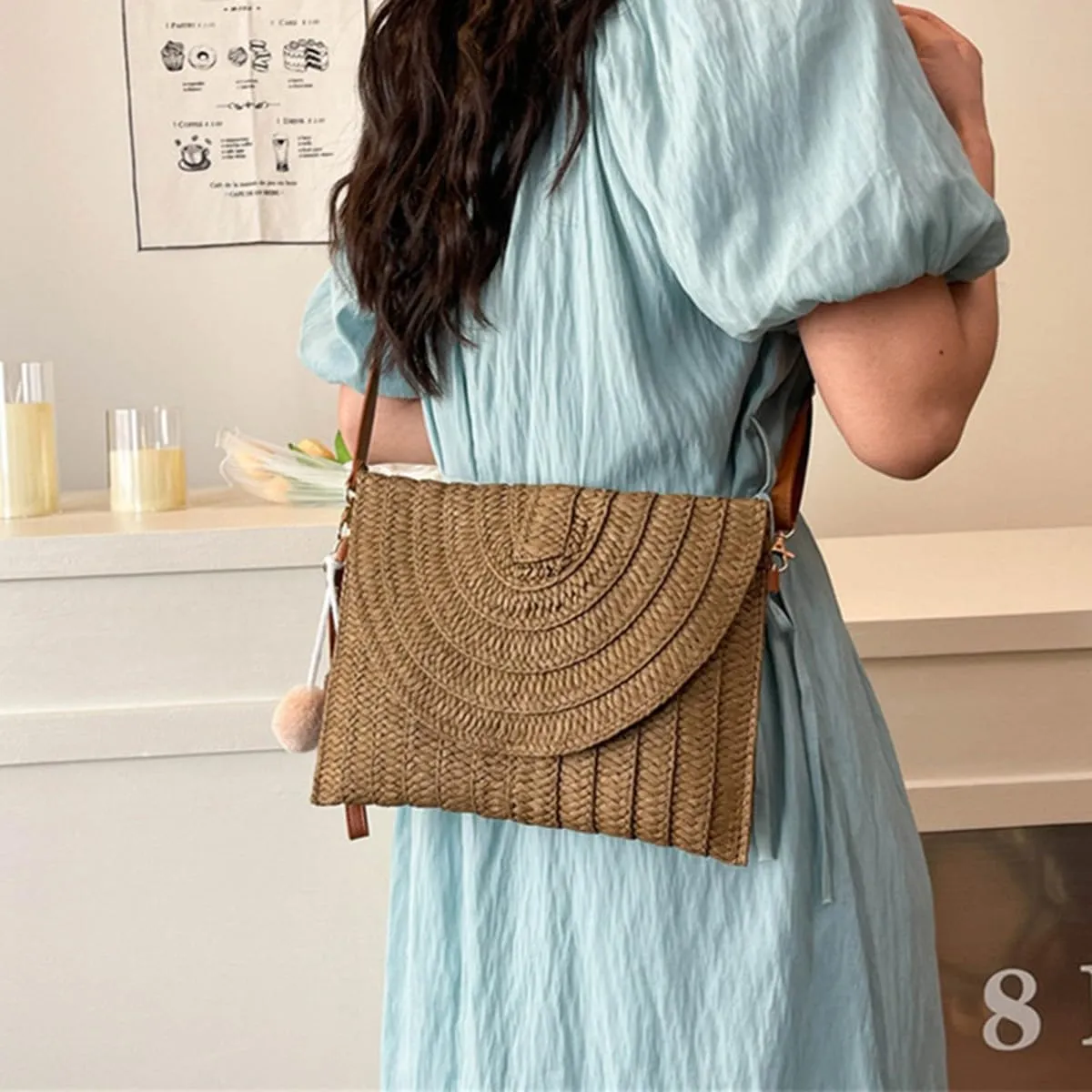 Straw Clutch Handbag Summer Beach Straw Purse for Women Woven Envelope Shoulder Bag Beach Crossbody Wallet PomPom