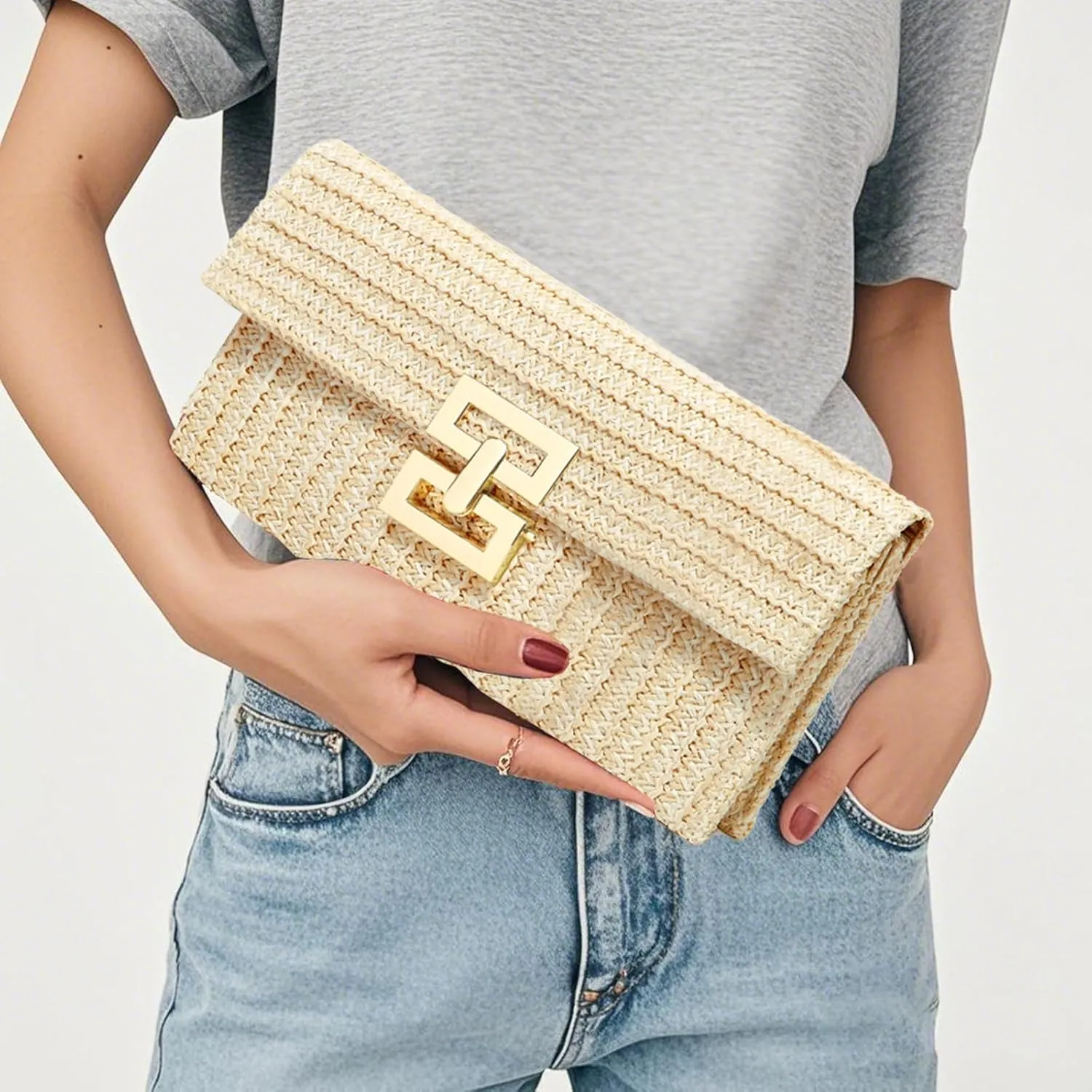 Straw Clutch Purse Crossbody Bag for Women Designer Evening Handbag Casual Summer Beach Straw Shoulder Bag
