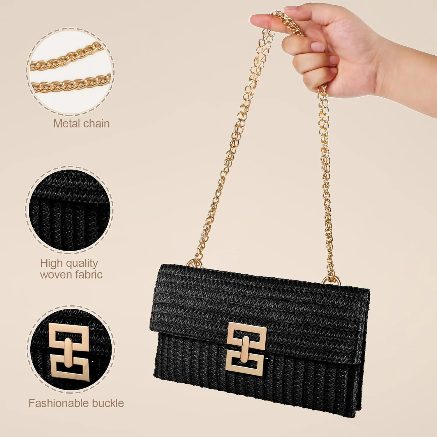Straw Clutch Purse Crossbody Bag for Women Designer Evening Handbag Casual Summer Beach Straw Shoulder Bag