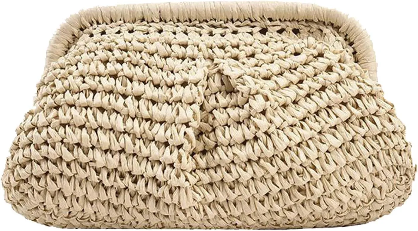 Straw Clutch Purse for Women Cloud Dumpling Pouch Beach Crossbody Shoulder Bag Summer Beach Clutch Woven Handbag
