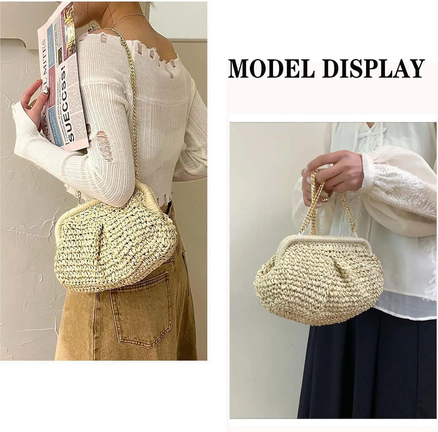 Straw Clutch Purse for Women Cloud Dumpling Pouch Beach Crossbody Shoulder Bag Summer Beach Clutch Woven Handbag