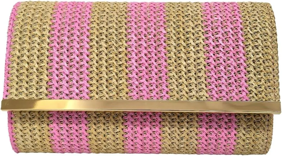 Straw Clutch Purse for Women Color-block Striped Woven Evening Bag Summer Beach Envelope Purse Crossbody Shoulder Bag