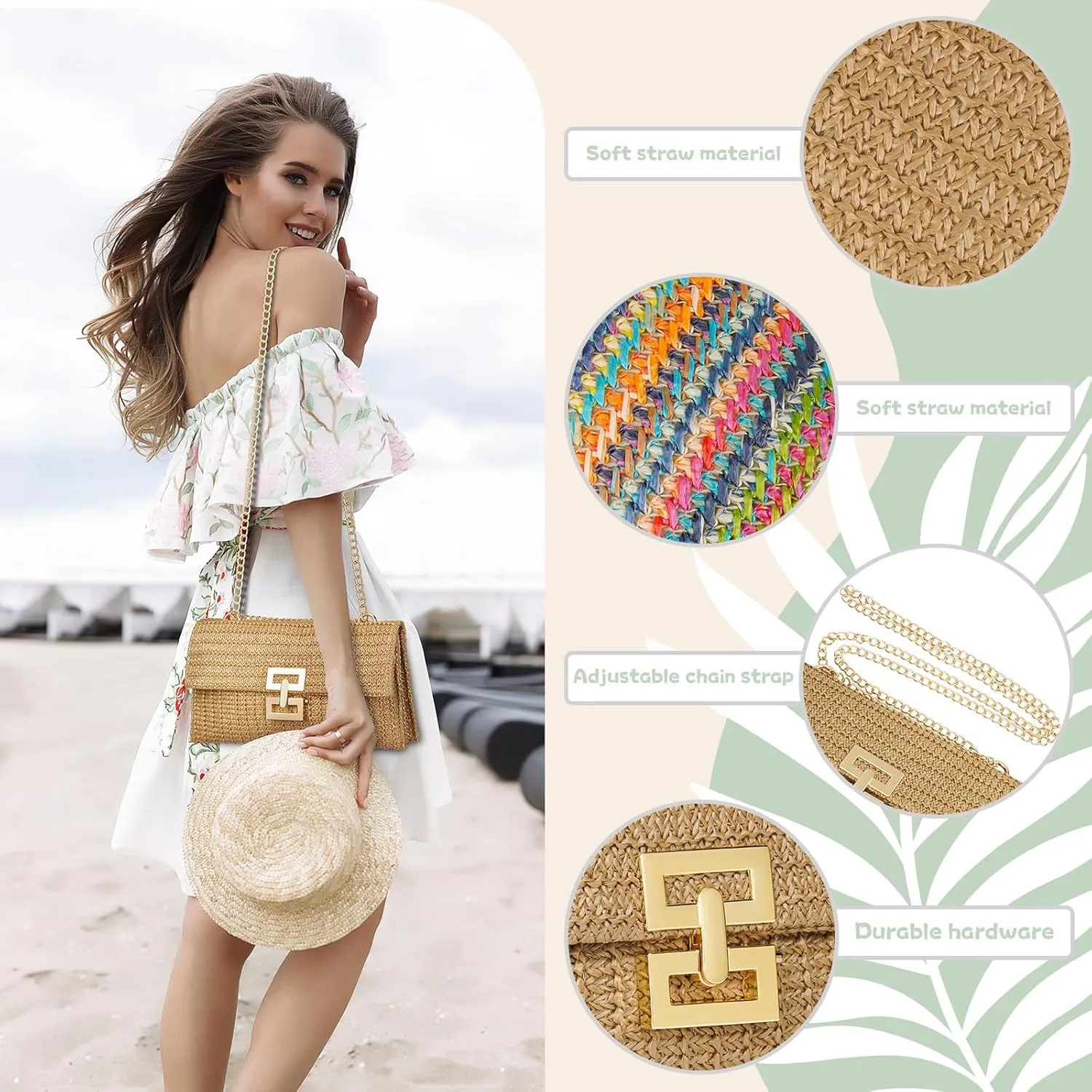 Straw Clutch Purse for Women Designer Evening Handbag Summer Beach Shoulder Crossbody Bag