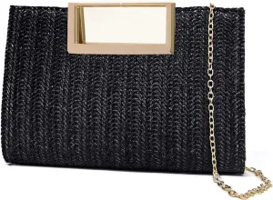 Straw Clutch Top Handle Purse for Women, Small Evening Purse Chain Shoulder Crossbody Bag for Wedding, Parties, Black