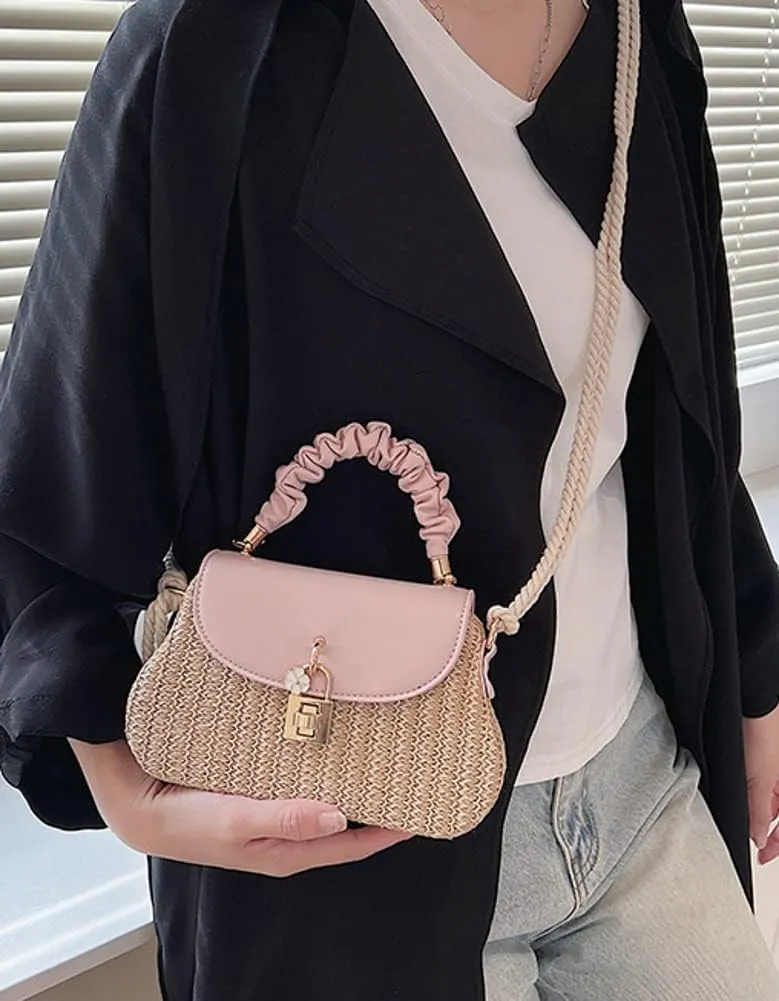 Straw Crossbody Bag for Women Hand Woven Shoulder Bag Leather Top Handle Small Boho Purse Rattan Beach Handbags