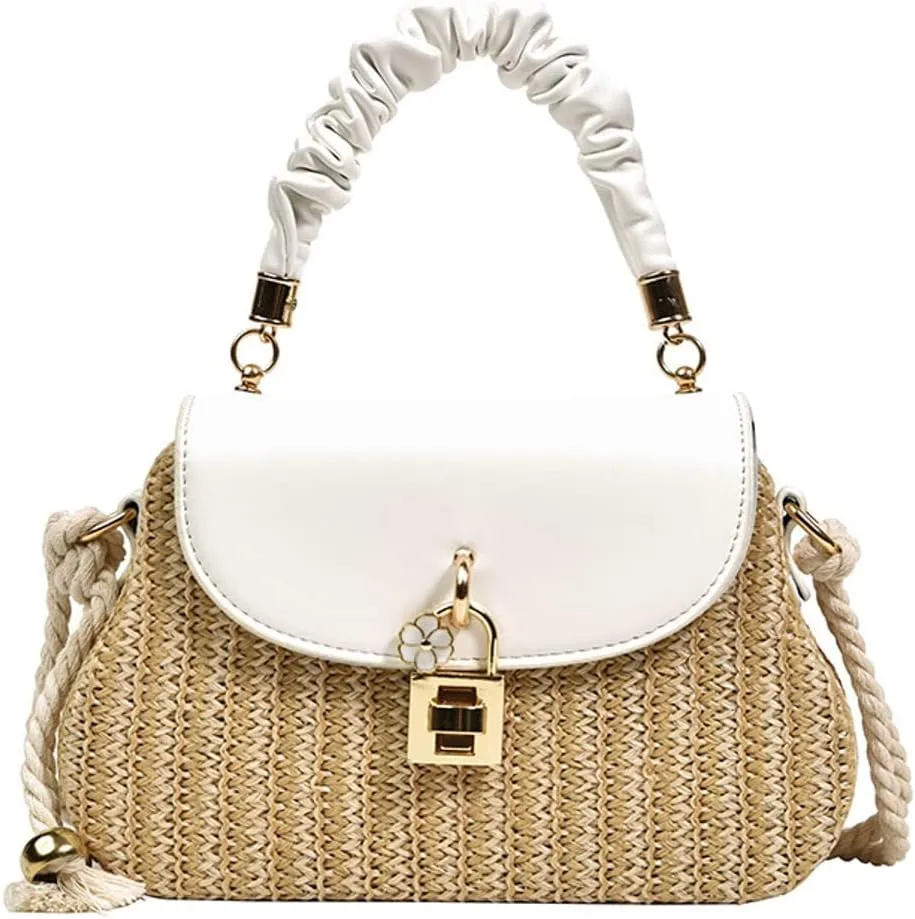 Straw Crossbody Bag for Women Hand Woven Shoulder Bag Leather Top Handle Small Boho Purse Rattan Beach Handbags