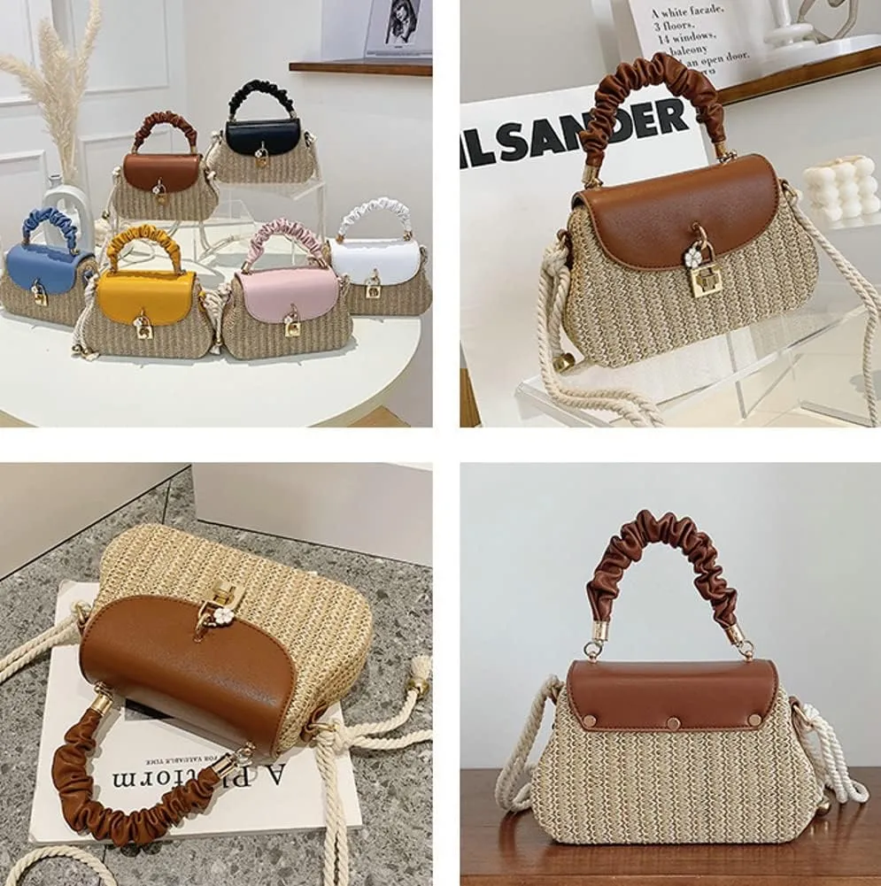 Straw Crossbody Bag for Women Hand Woven Shoulder Bag Leather Top Handle Small Boho Purse Rattan Beach Handbags