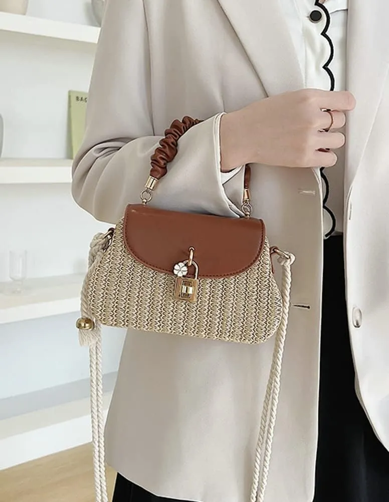 Straw Crossbody Bag for Women Hand Woven Shoulder Bag Leather Top Handle Small Boho Purse Rattan Beach Handbags